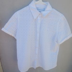 Alfred Dunner White Eyelet Short Sleeve Button Top
